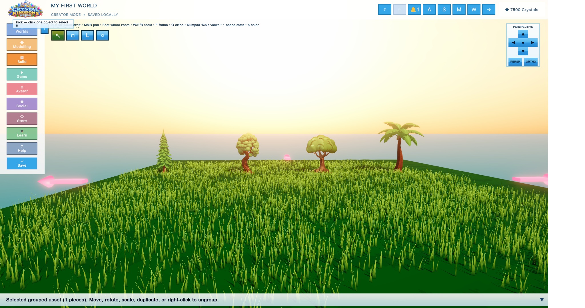 A grassy world with trees under a warm sky