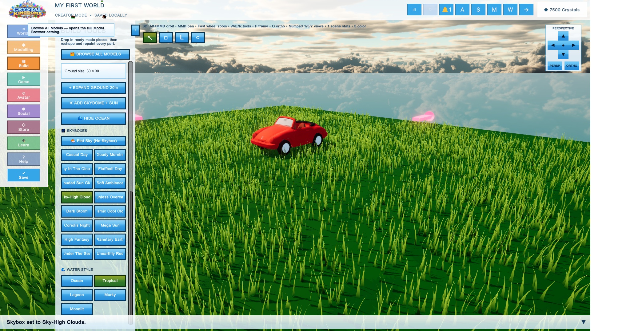 A red roadster placed in a grassy world